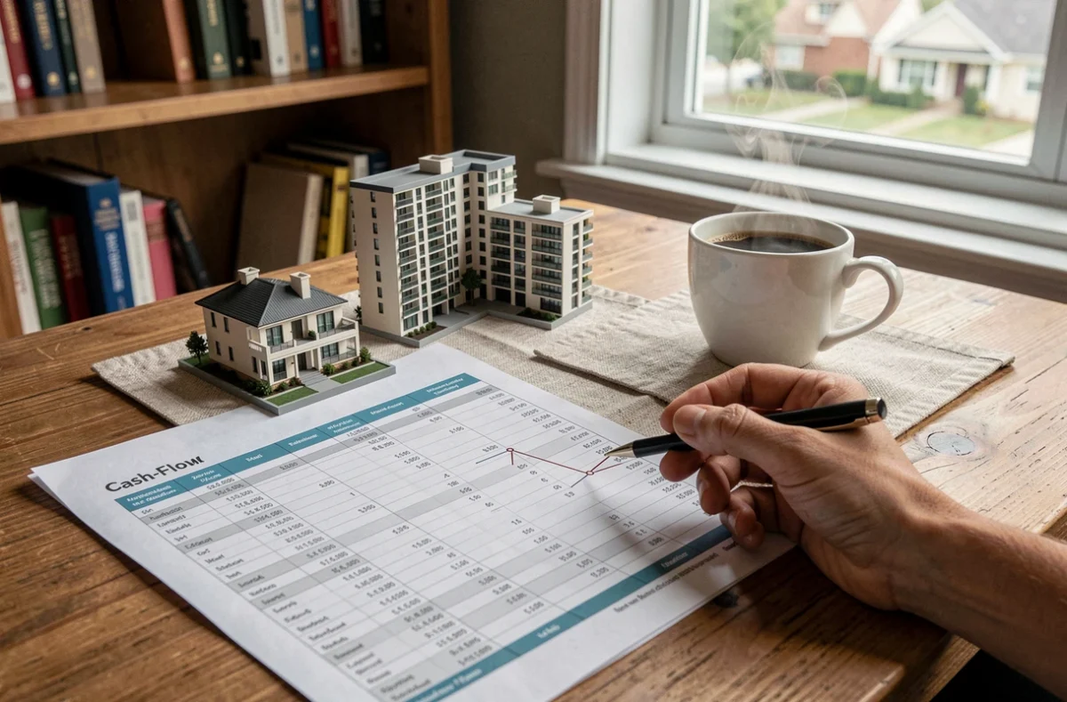 Bureau d'analyse immobilière avec documents financiers et maquettes comparant investissement locatif côtier et urbain pour un cash-flow stable
