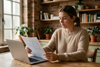 Femme comparant des devis d'assurance habitation sur ordinateur portable dans un appartement de style lillois