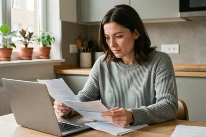 Femme comparant des offres d'assurance habitation pas chère sur son ordinateur portable à la table de cuisine