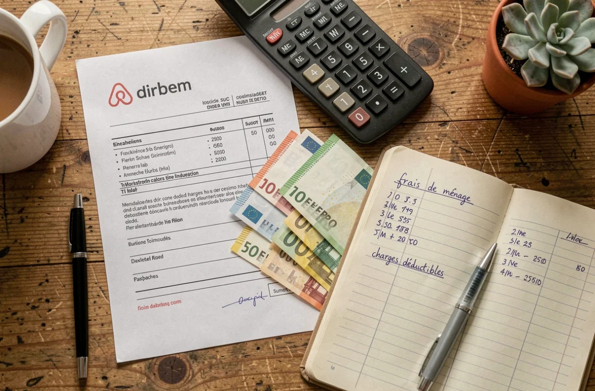 Documents comptables Airbnb avec frais de ménage, factures et billets en euros sur bureau en bois