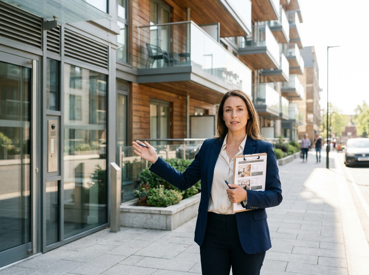 Conseillère en investissement locatif devant un immeuble résidentiel pour un projet LMNP