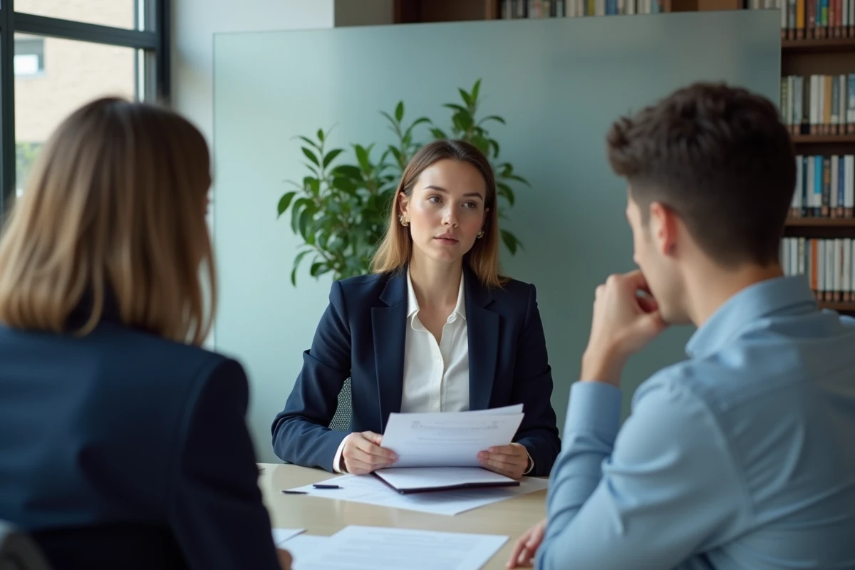 Conseillère juridique expliquant les risques du cautionnement solidaire à un couple de colocataires en agence