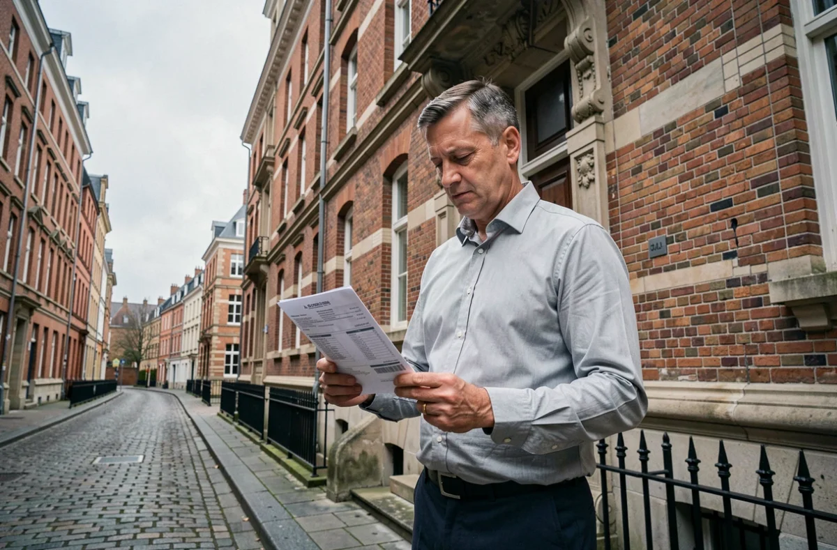 Homme consultant un contrat d'assurance habitation devant un immeuble en briques à Lille
