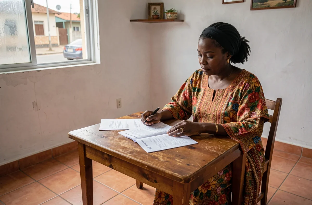 Femme sénégalaise examinant un contrat de location d'appartement à Dakar