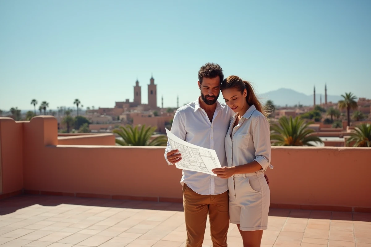 Couple visitant une terrasse de riad à Marrakech en étudiant les plans d'un appartement à acheter