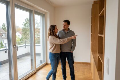 Couple dans un salon spacieux d'un appartement neuf