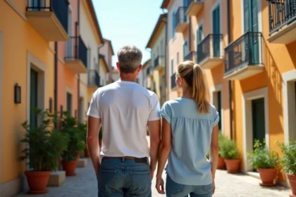 Couple en jeans sur une rue colorée de Fréjus
