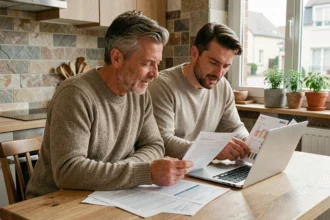 Couple comparant des offres d'assurance habitation sur ordinateur portable et documents papier dans une cuisine moderne à Meaux