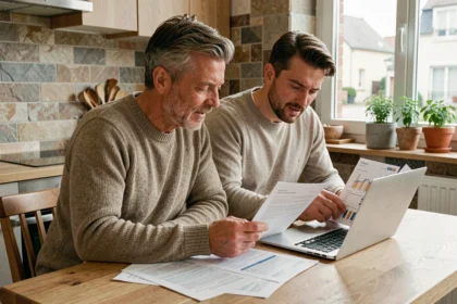 Couple comparant des offres d'assurance habitation sur ordinateur portable et documents papier dans une cuisine moderne à Meaux