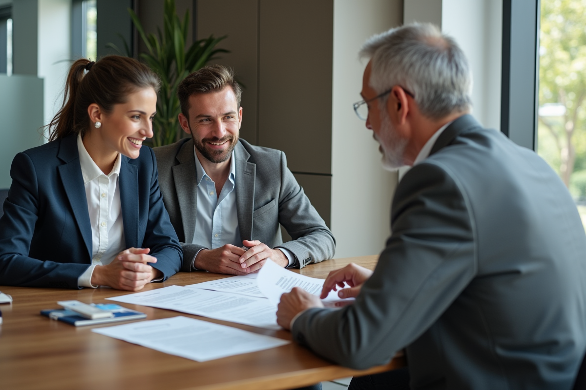 Jeune couple discutant avec un notaire dans un bureau immobilier