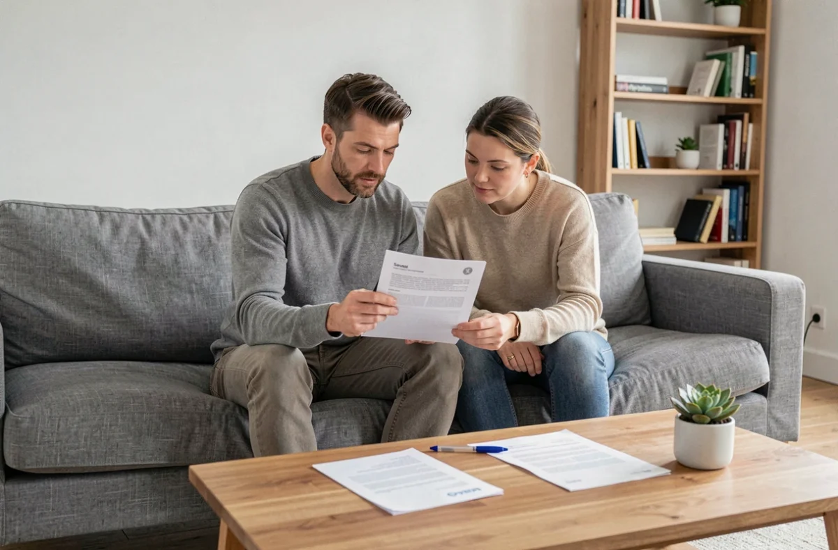 Couple étudiant un contrat d'assurance habitation ensemble dans un salon moderne en France