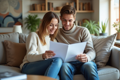 Jeune couple examine documents d'assurance maison