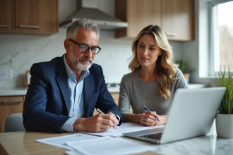 Couple d'adultes d'affaires examinant des documents immobiliers