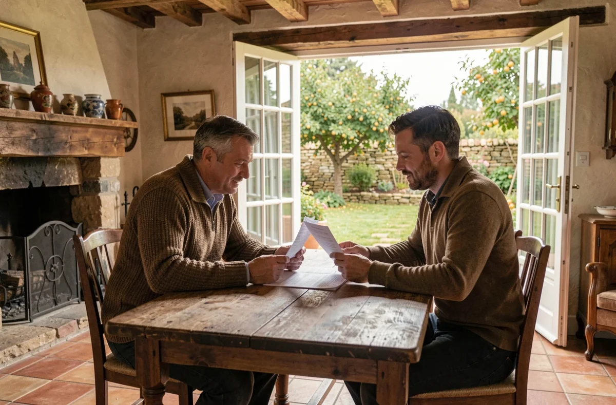 Couple signant un contrat de location d'une petite maison avec jardin chez un particulier en France