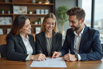Jeune couple en réunion avec une notaire dans un bureau moderne
