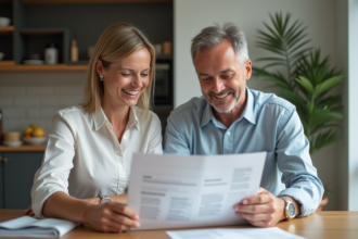 Couple examine documents de revenus locatifs à la maison