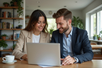Couple souriant discutant de prêt immobilier à la maison