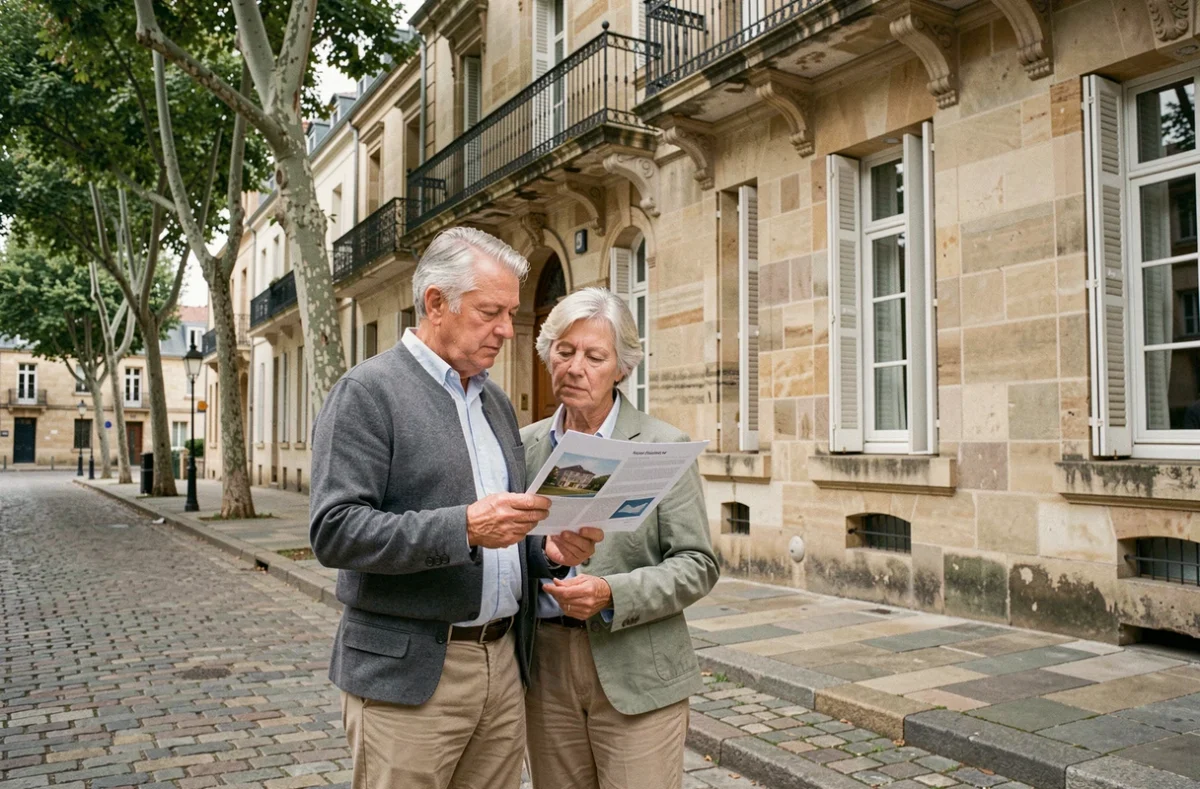 Un couple d'épargnants examinant un prospectus de SCPI devant un immeuble en pierre typique du patrimoine immobilier français