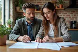 Couple étudiant des documents immobiliers à leur table de cuisine, signaux positifs pour acheter un bien immobilier