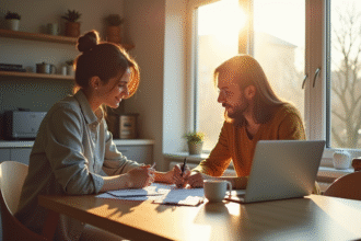 Jeune couple lisant des documents de prêt immobilier dans une cuisine lumineuse