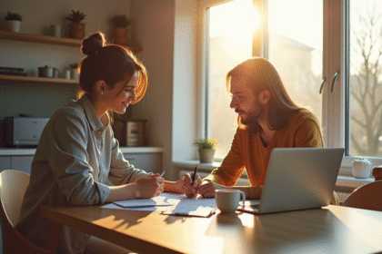 Jeune couple lisant des documents de prêt immobilier dans une cuisine lumineuse