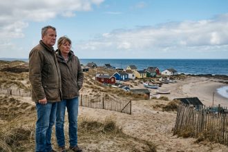 Couple d'âge moyen sur la dune regardant la côte