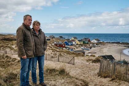 Couple d'âge moyen sur la dune regardant la côte