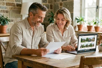 Couple consultant des annonces immobilières sur ordinateur dans une maison de campagne avec murs en pierre