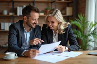 Couple examinant une proposition d'achat immobilier autour d'une table en bois dans un appartement moderne