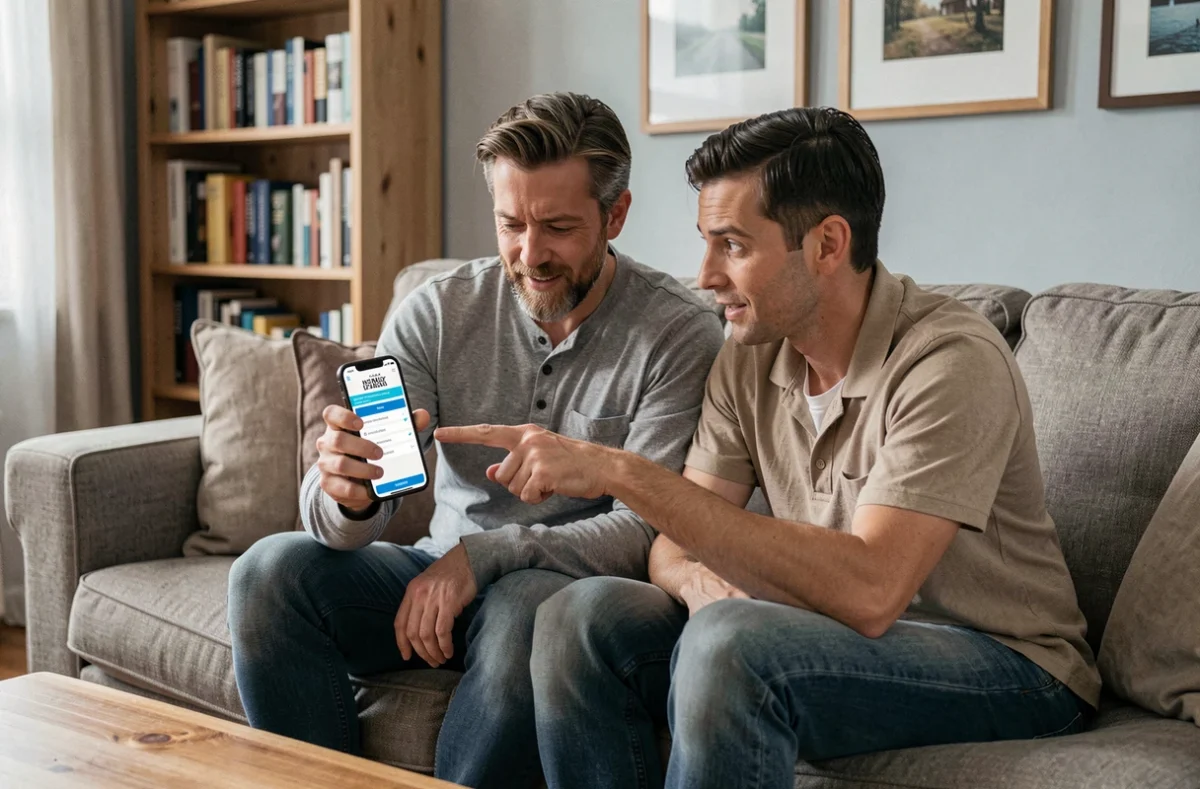 Couple recherchant une assurance habitation économique sur smartphone dans leur salon