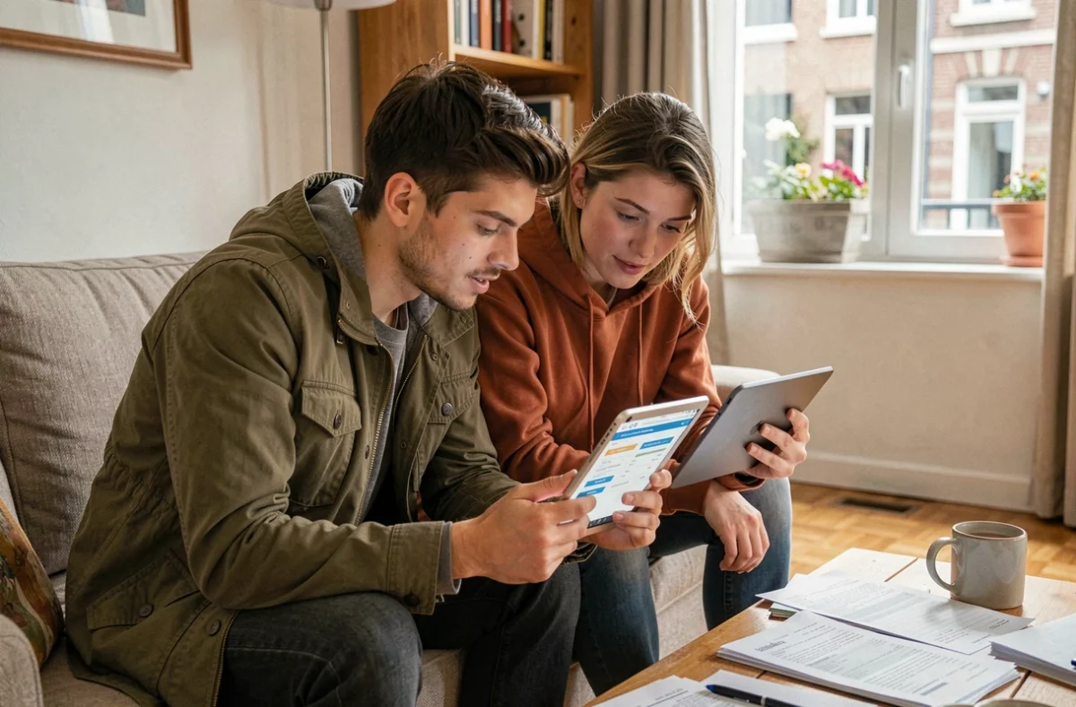 Couple cherchant une assurance habitation pas chère sur tablette dans un appartement lillois