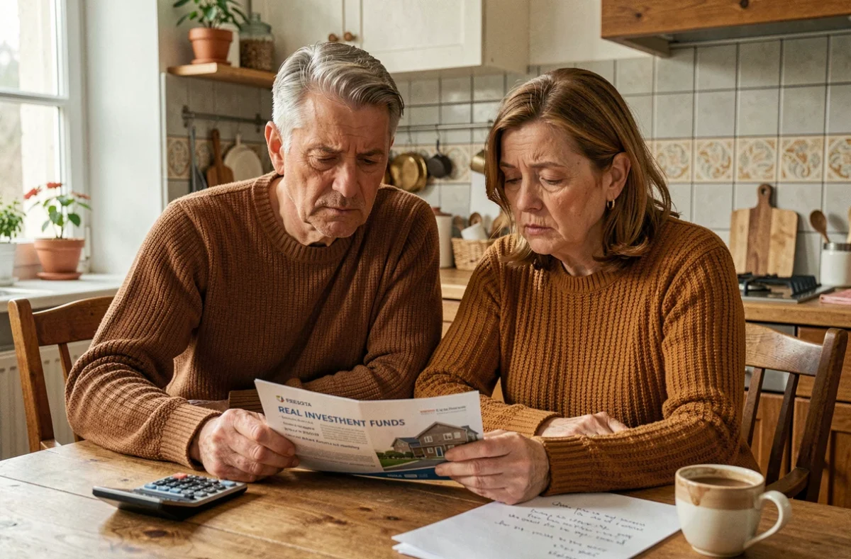 Couple mature réfléchissant aux risques d'un investissement en SCPI autour d'une table de cuisine avec des documents financiers