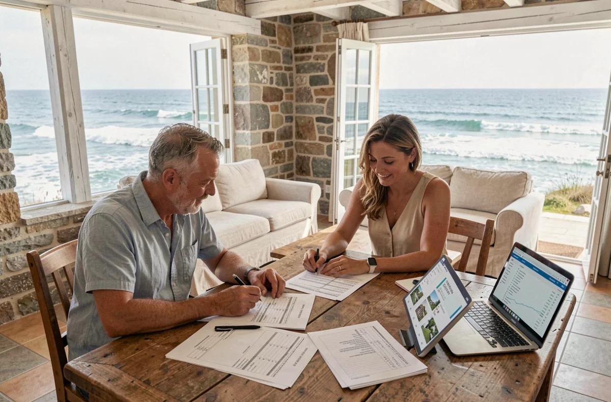 Couple analysant la rentabilité d'une location saisonnière dans une maison avec vue sur la mer
