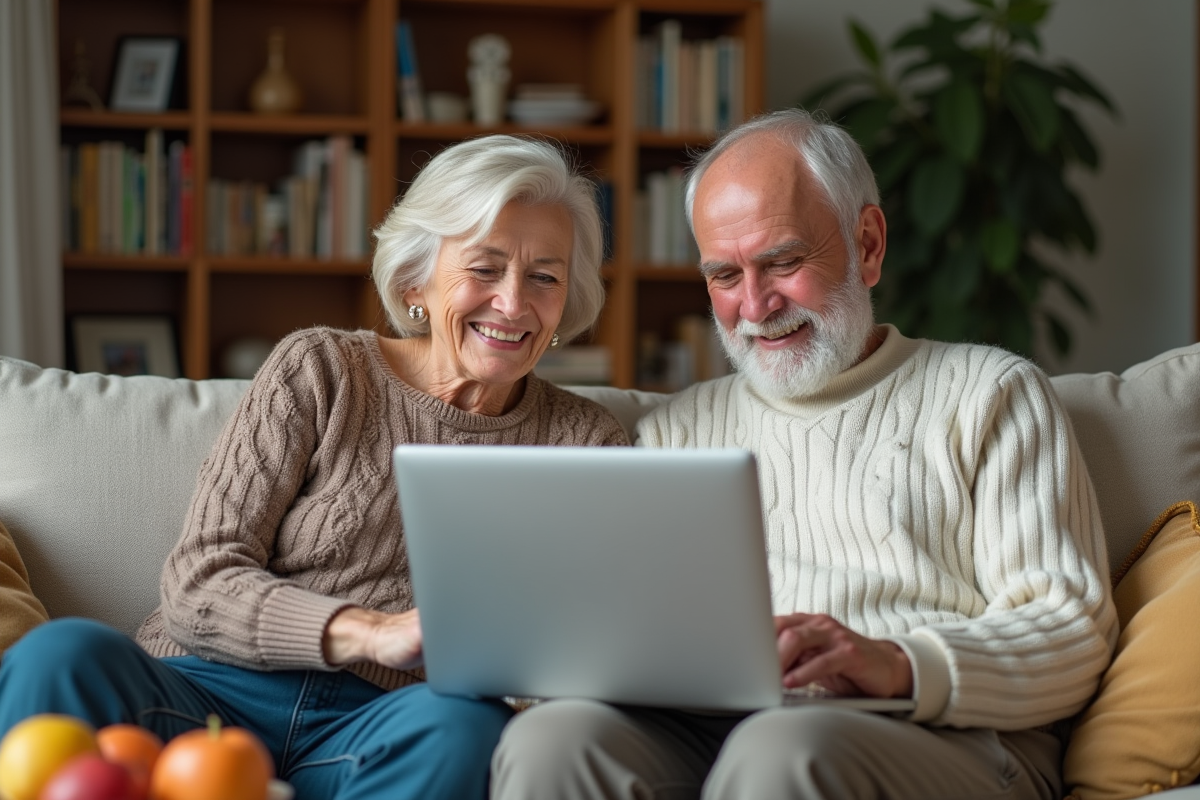 Couple retraité analysant des documents SCPI à la maison