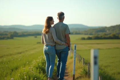 Couple d'adultes dans un champ avec outils de mesure