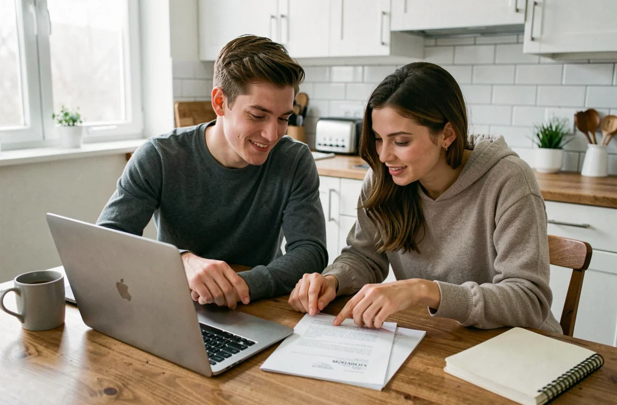 Couple vérifiant ensemble les formules de politesse d'une lettre de motivation pour un logement