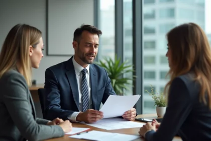 Courtier en hypothèques conseillant un couple dans un bureau moderne