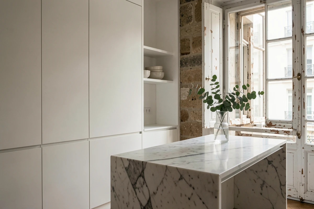 Cuisine haussmannienne rénovée avec îlot en marbre, moulures d'époque et rangements minimalistes blancs