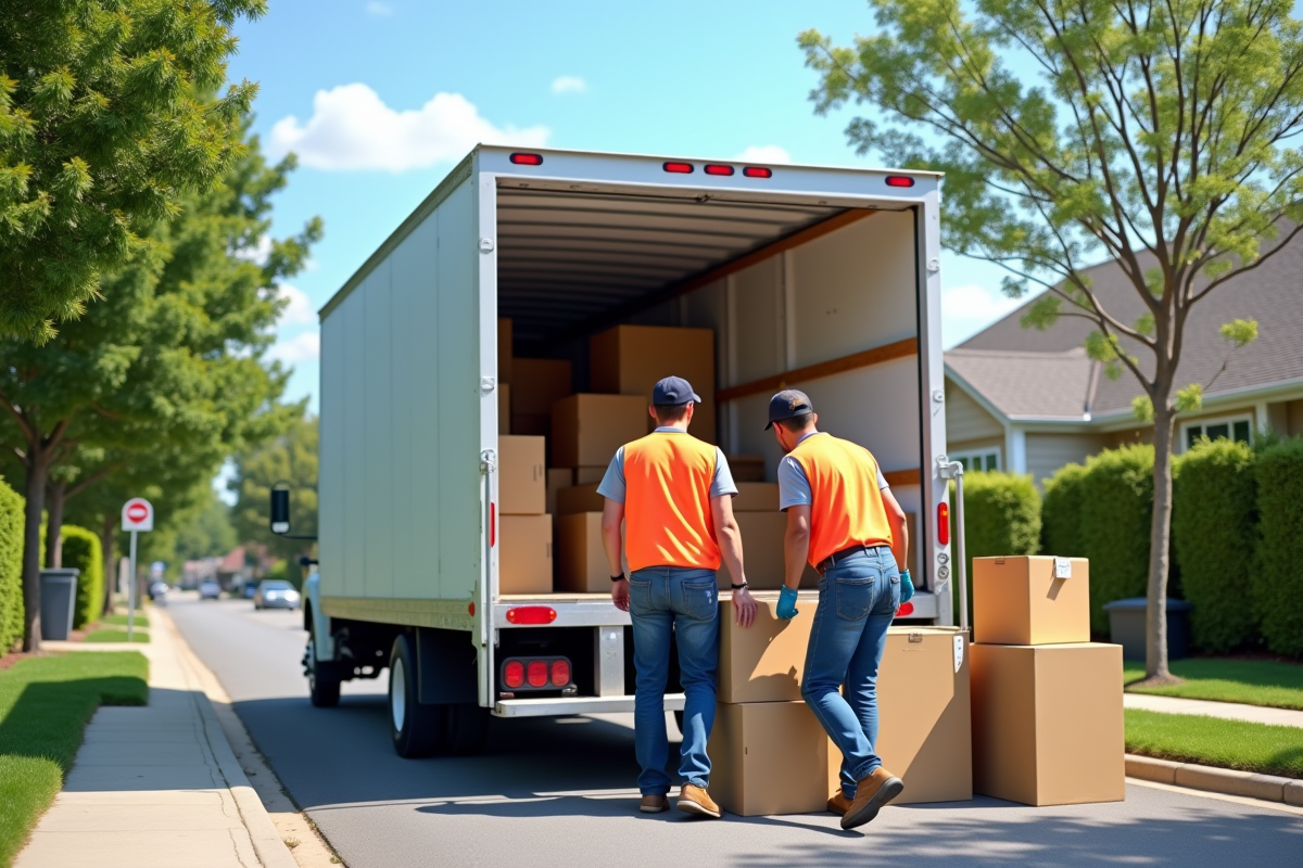 Demenageurs chargeant des cartons dans un camion propre