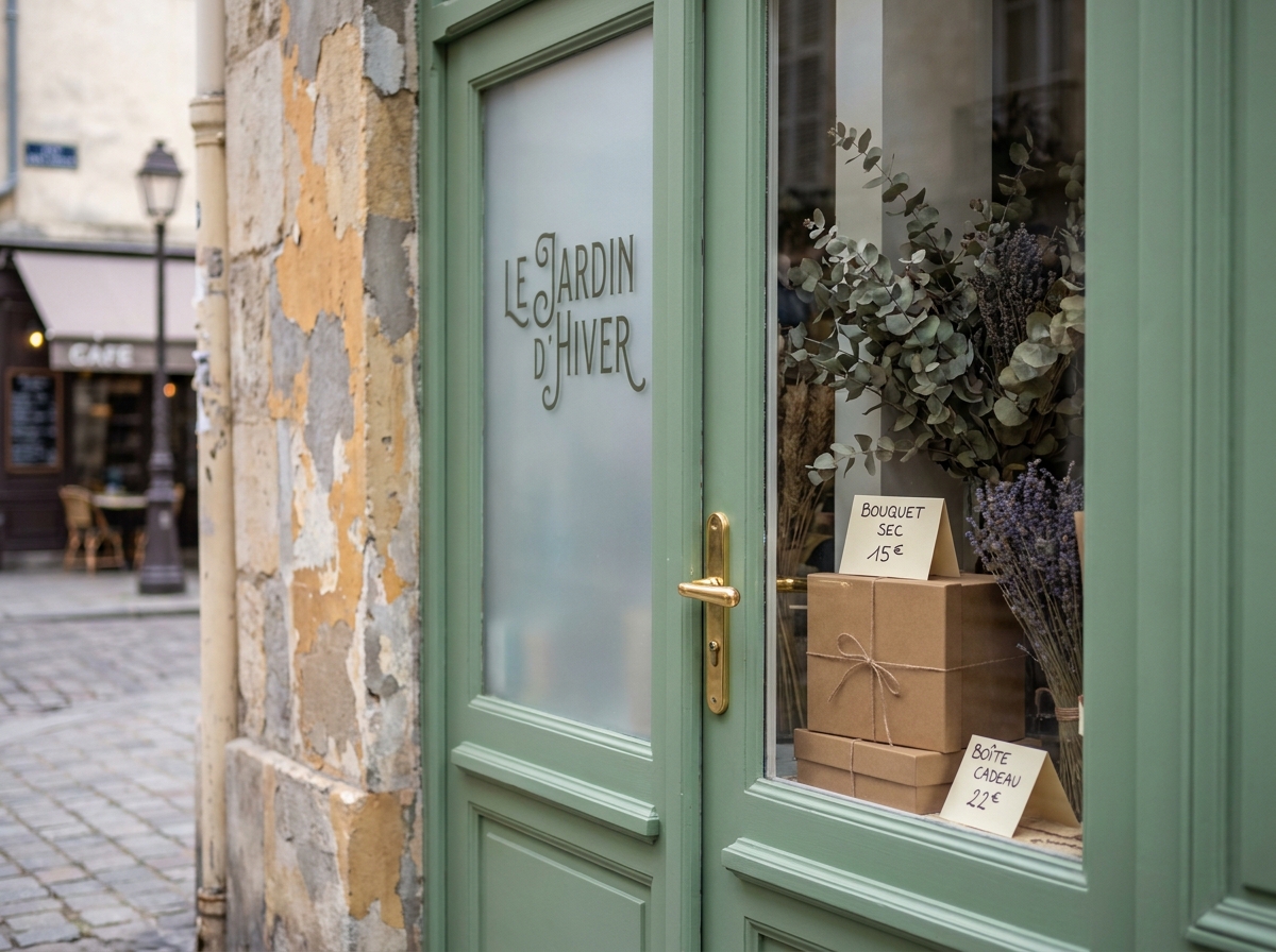 Devanture de boutique avec vitrine soignée et identité visuelle artisanale pour un premier local commercial