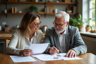 Une femme d'âge moyen et un homme âgé discutent de documents immobiliers