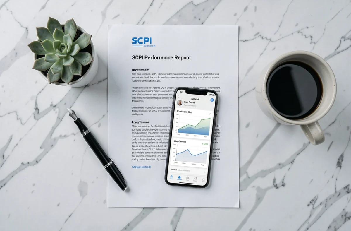 Vue aérienne de documents et outils d'analyse pour un investissement SCPI à court terme
