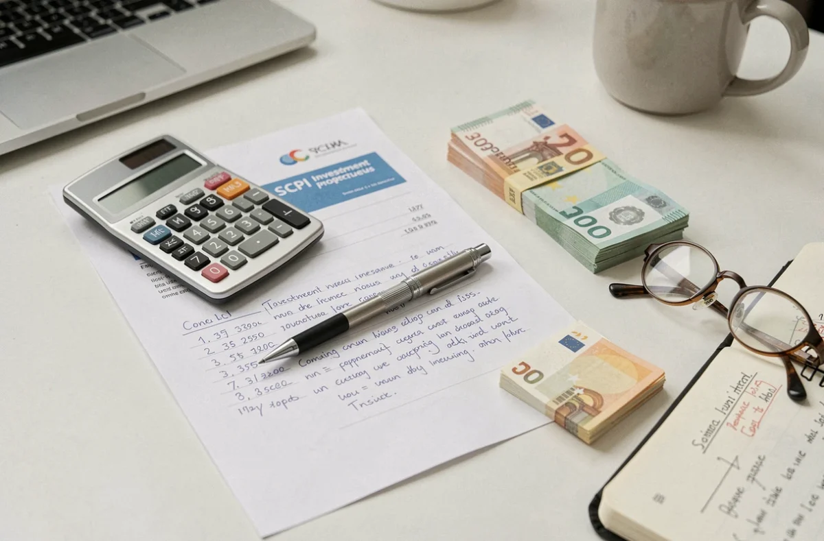 Documents de placement SCPI avec calculs de défiscalisation posés sur un bureau