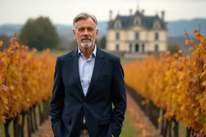 Propriétaire d'un domaine viticole bordelais devant ses vignes en automne, château en arrière-plan