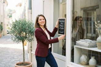 Jeune femme entrepreneur souriante à l'entrée de son premier local commercial avec vitrine soignée