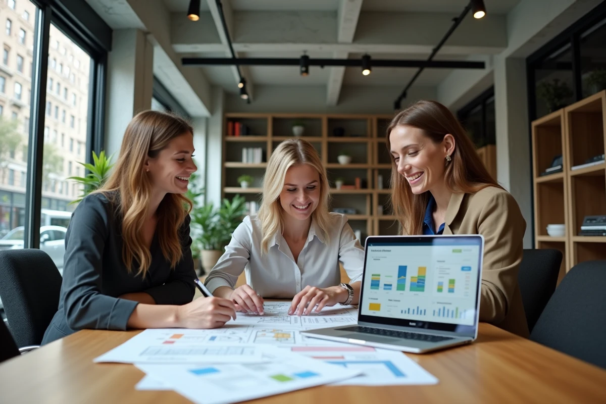 Équipe de professionnels de l'immobilier collaborant autour d'une plateforme d'analyse proptech en espace de coworking