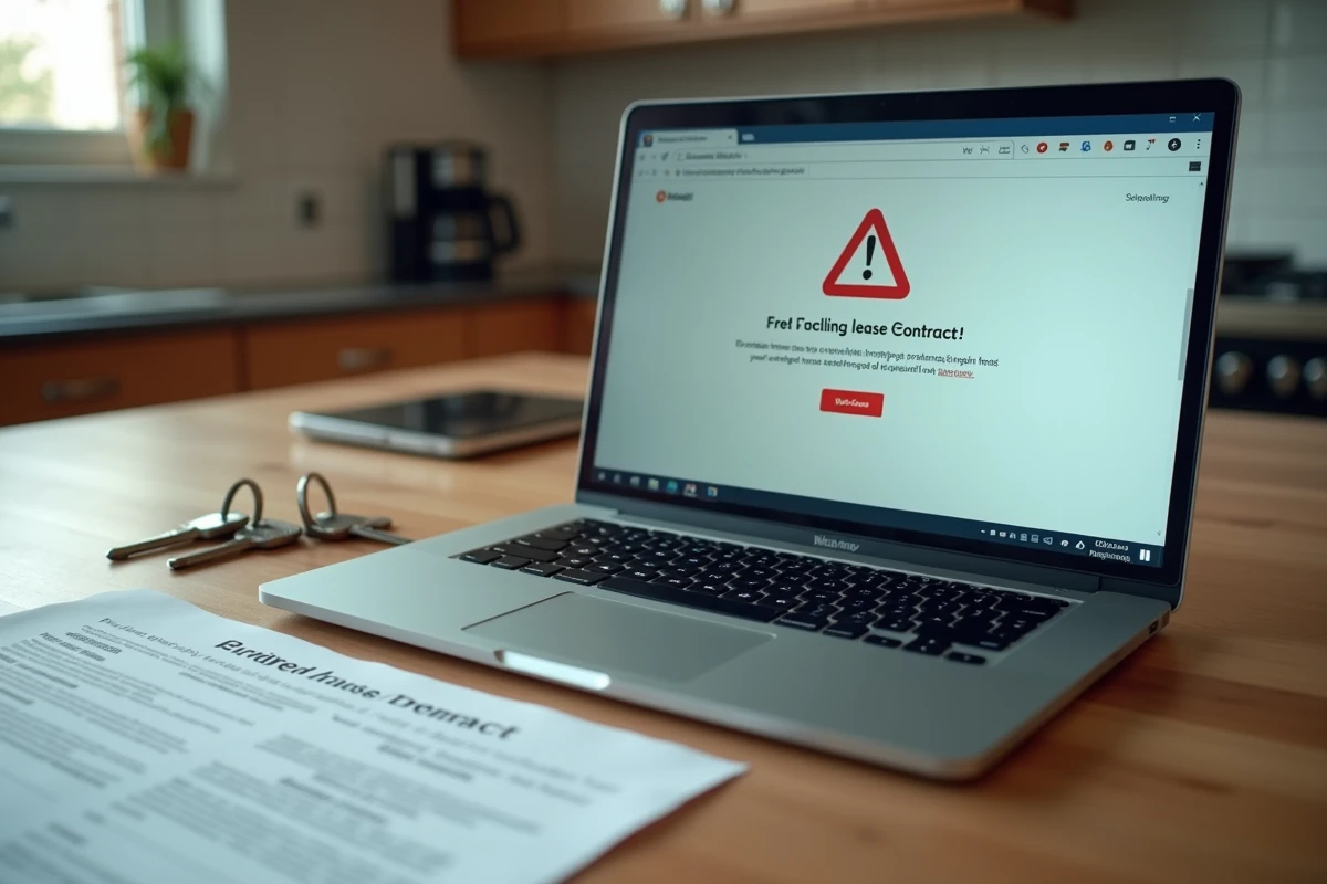 Gros plan sur un écran d'ordinateur affichant une erreur d'accès aux documents myfoncia, posé sur une table avec un contrat de location et des clés
