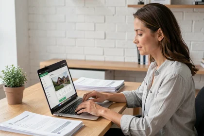 Femme utilisant l'espace client Foncia sur un ordinateur portable depuis son bureau à domicile