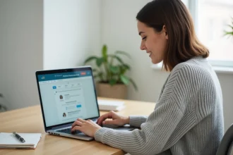 Femme créant son espace locataire en ligne sur un ordinateur portable depuis son domicile
