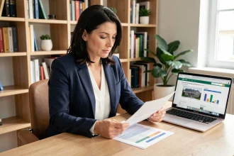 Femme consultant une estimation immobilière gratuite en ligne pour sa résidence principale sur bricosuccess-immo.fr